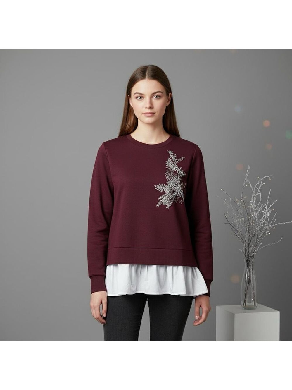 Anthropologie Calligraphie Rhinestones Embellished Cotton Sweatshirt Ruffled XL